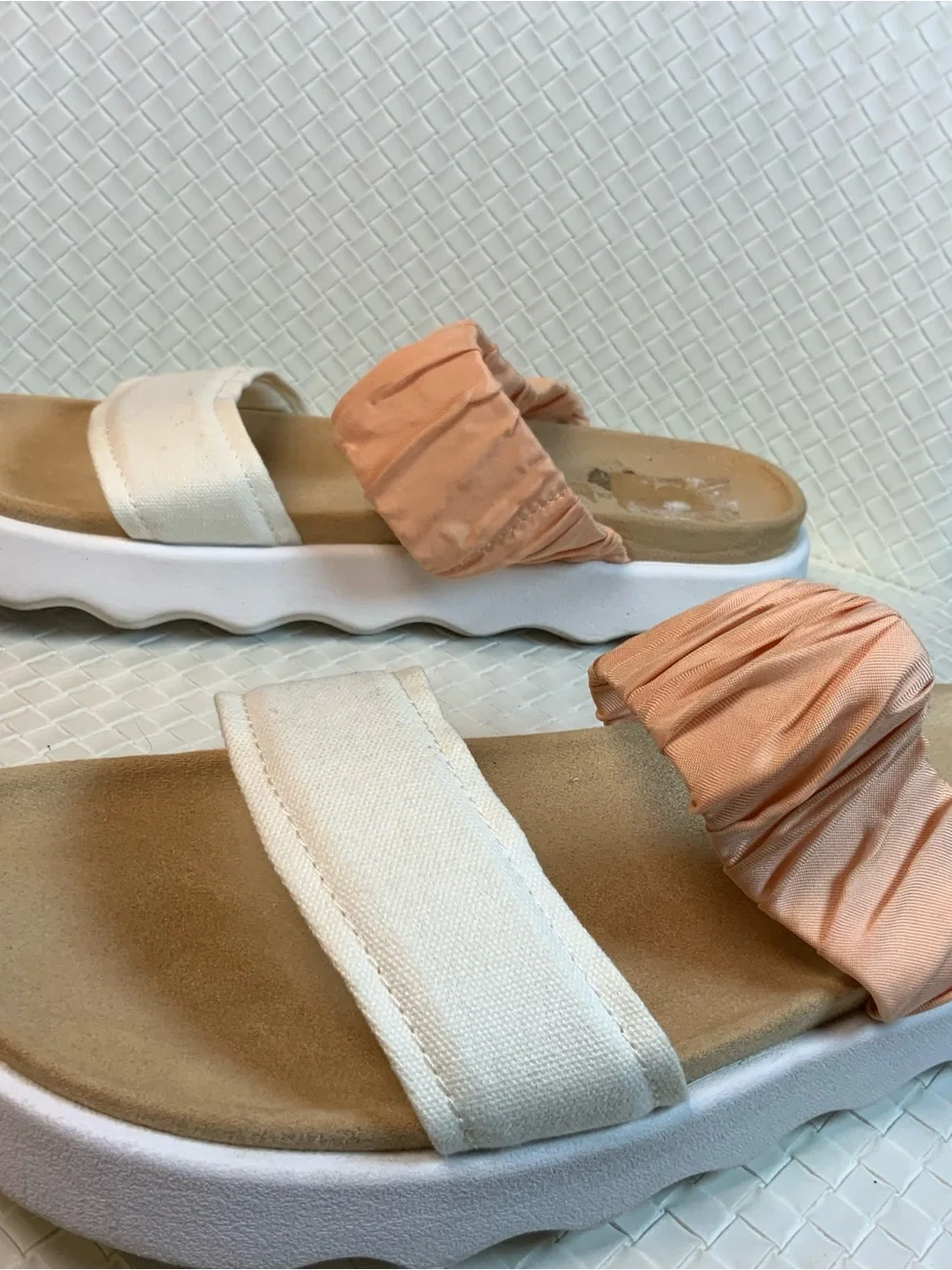 Koolaburra Peach and White Double-Strap Slide Sandals